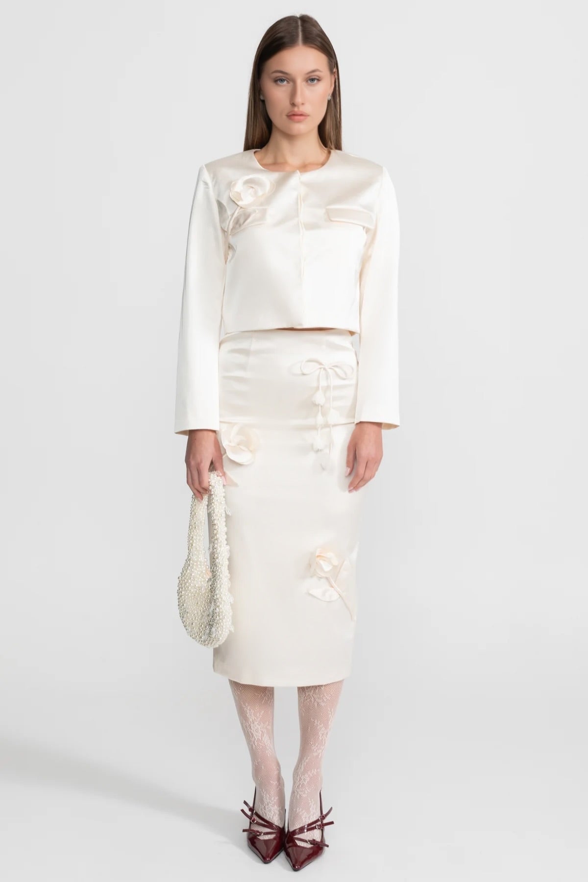 Taffeta Top with 3D Floral Appliqué - Ivoire