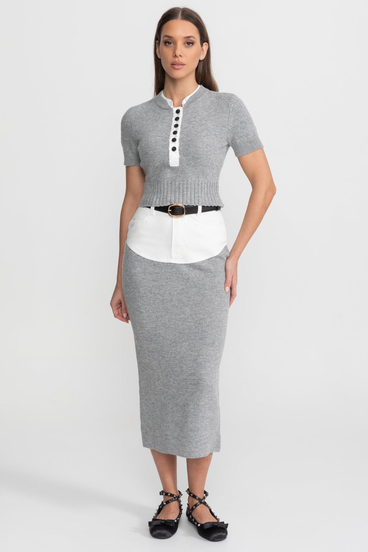 Knit Co-Ord Set with Contrast Shirt Insert Detail – Grey