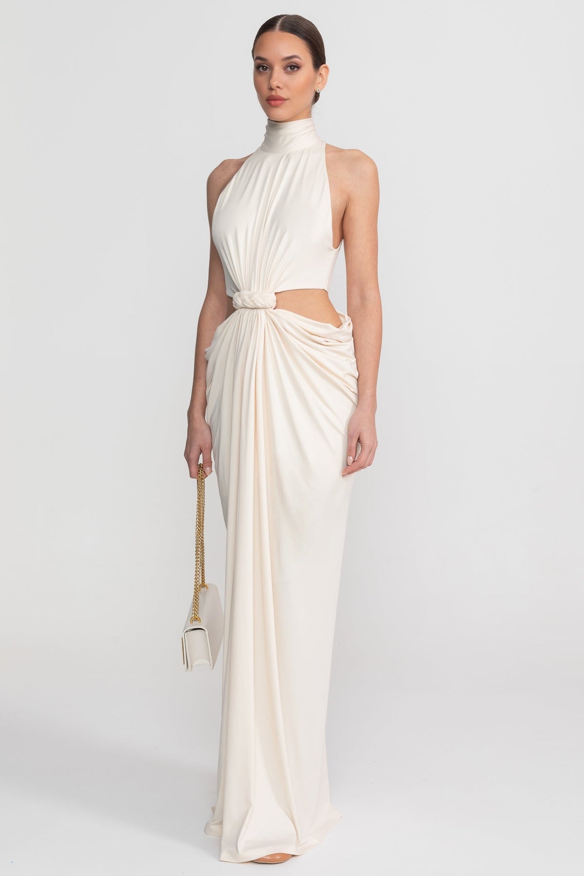 High Neck Halter Maxi Dress With Knotted Cut-Out Waist - Ivoire
