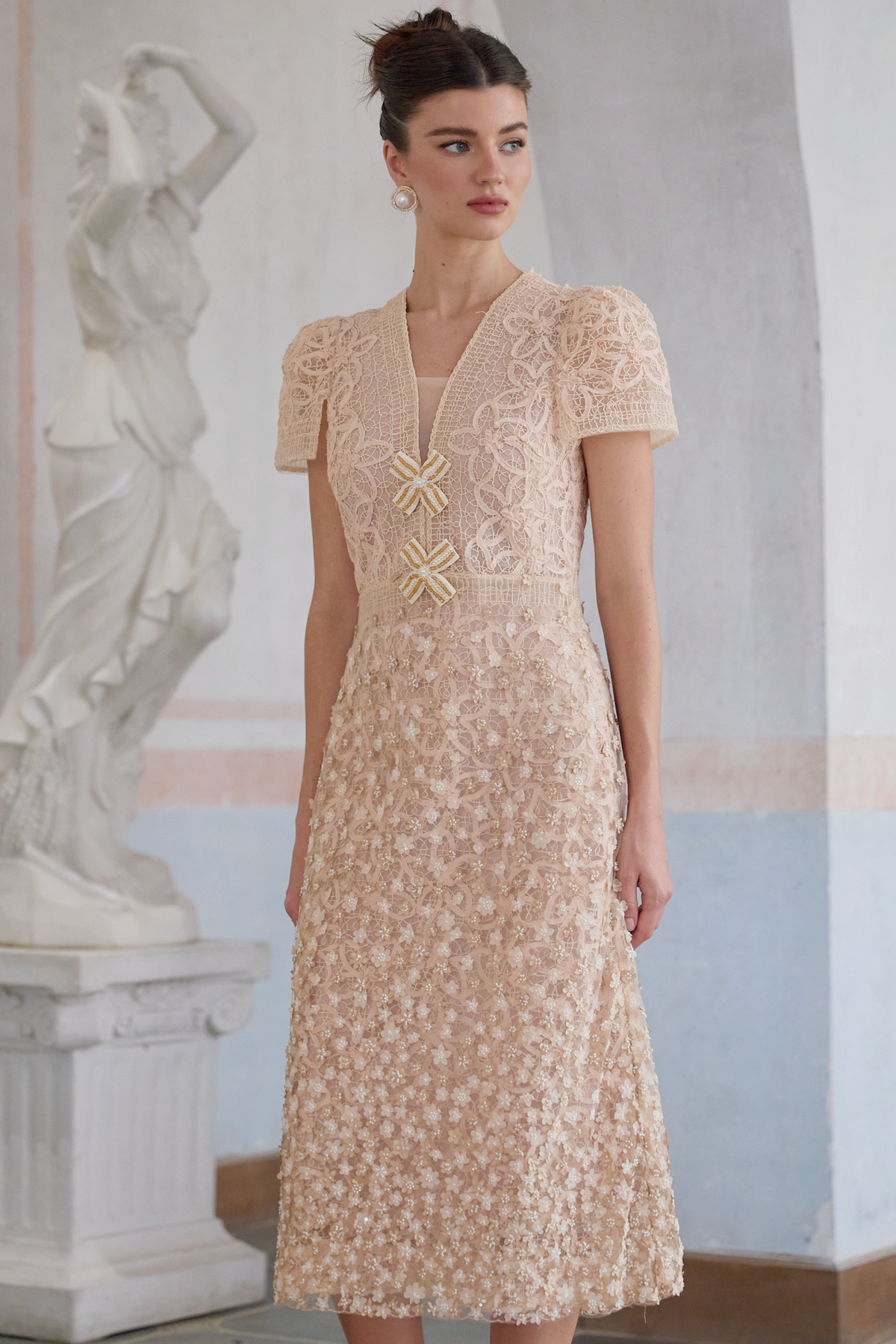 Bérengère neutrals faux-flower crochet midi dress