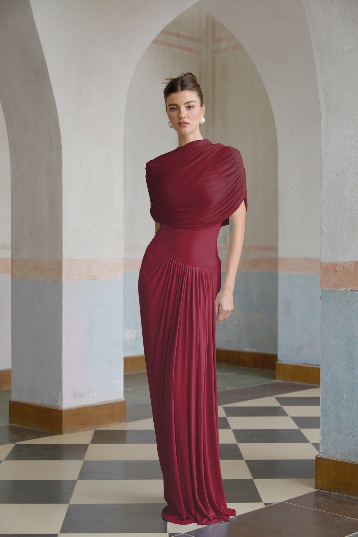 Catherine asymmetrical pleated maxi dress in Red (Final Sale-US Only)
