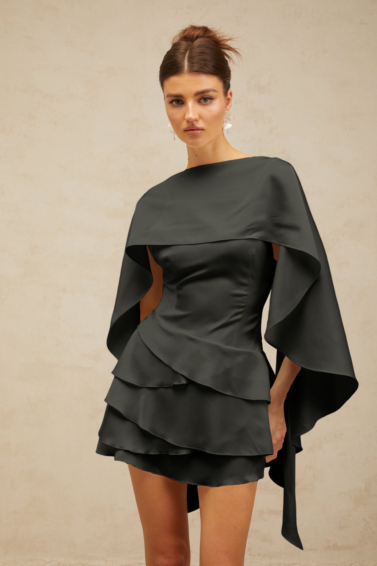 Lyna shawl-panel ruffled satin mini dress in Black