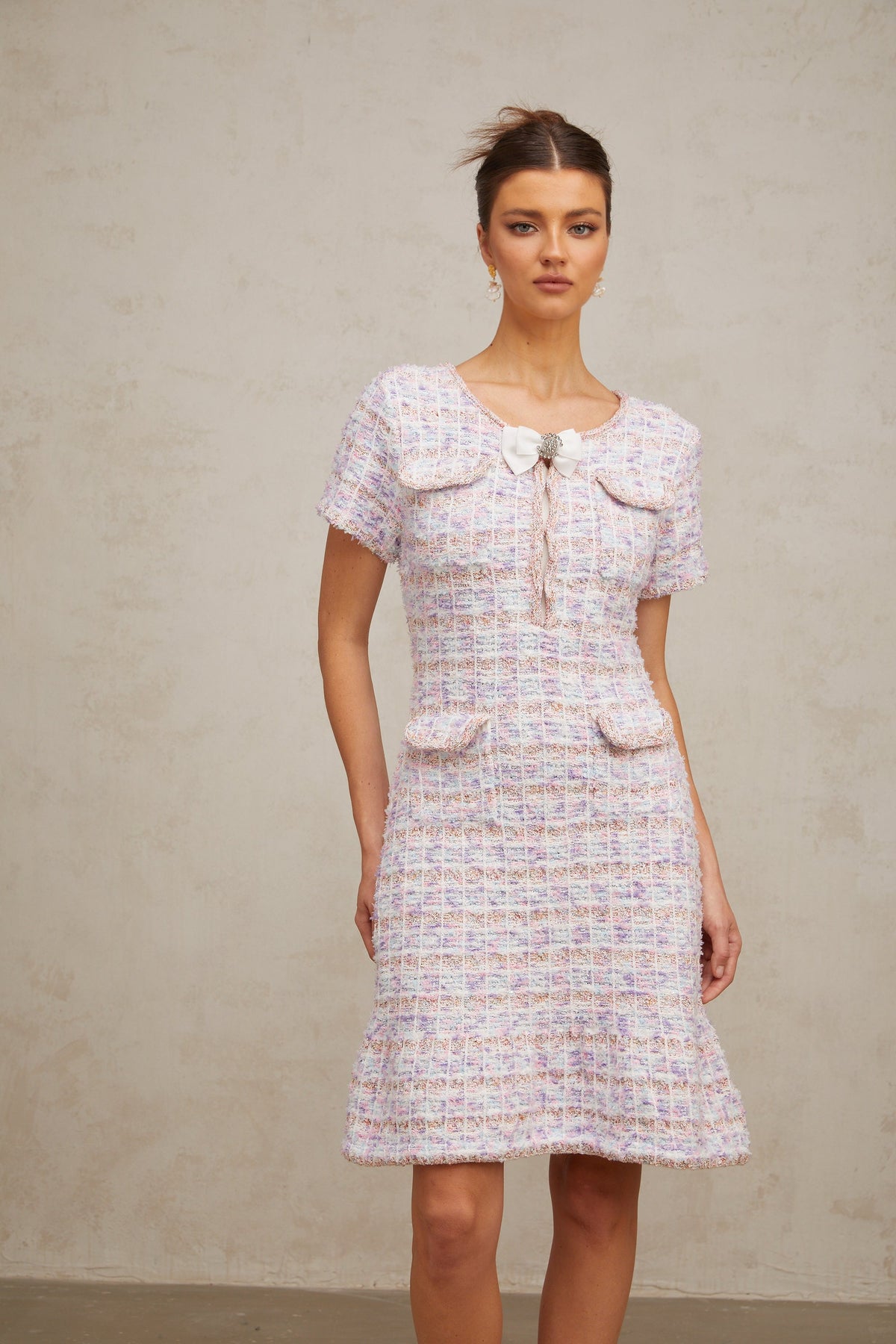 Hyacinthe purple checked knit midi dress