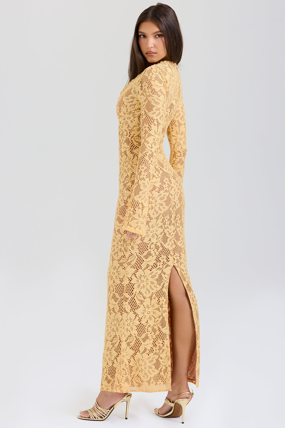 Indiana Apricot Plunge Lace Maxi Dress - Butter yellow