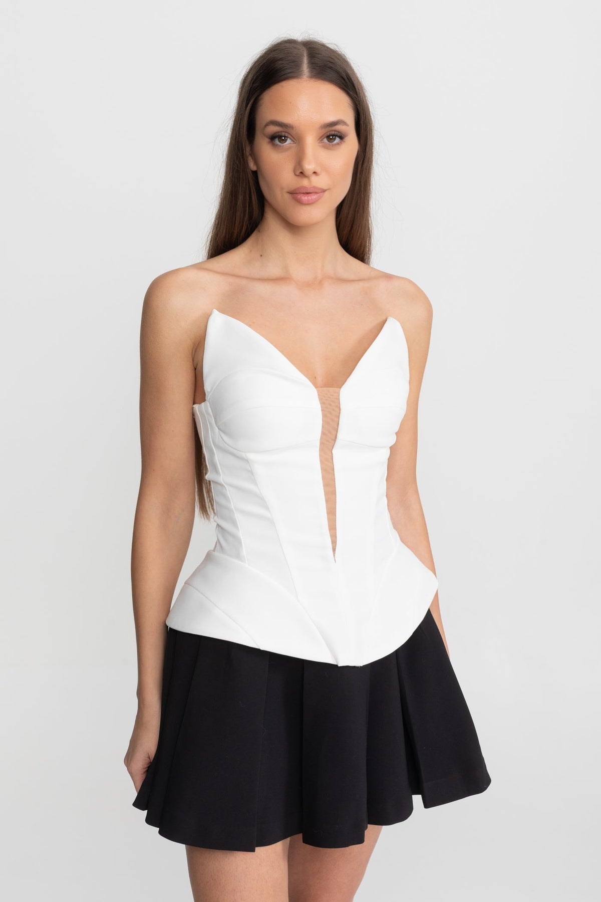 Strapless Top With Sculpted Bodice and Illusion Insert – White