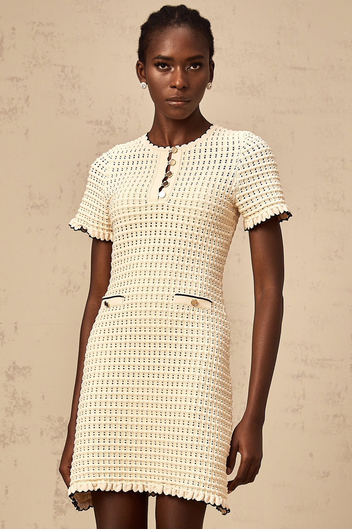Victoire neutrals ruffled pointelle-knit mini dress