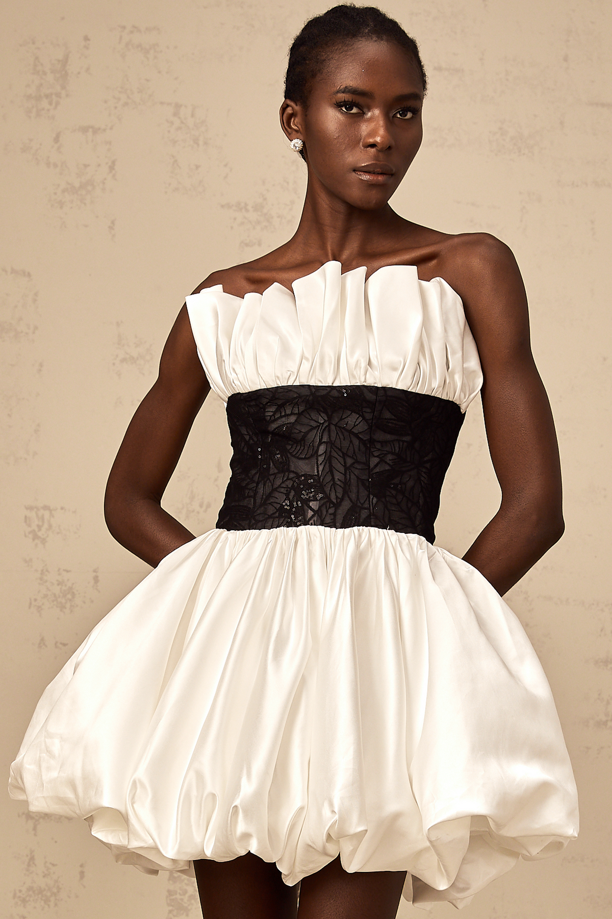 Éliane white lace-panelling puff satin mini dress