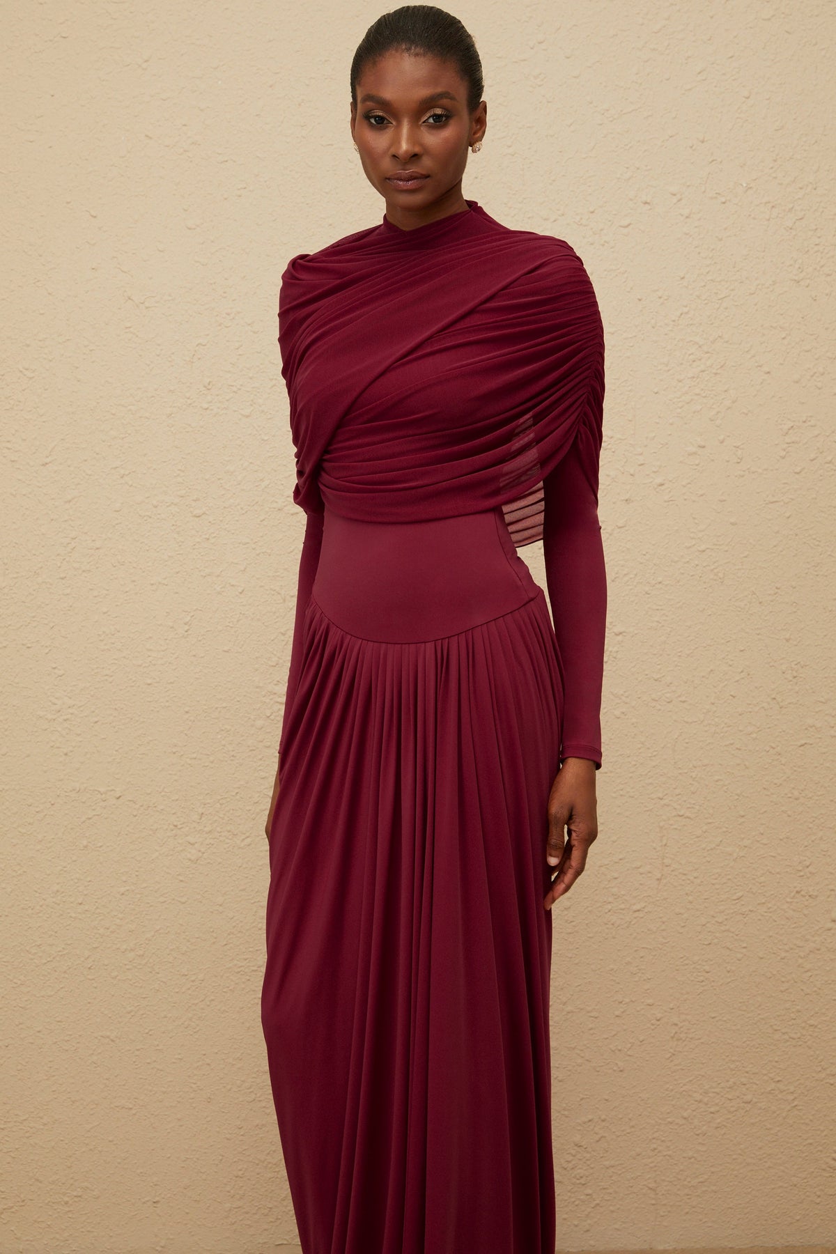 Catherine Red Asymmetrical Pleated Long-Sleeve Maxi Dress (Final Sale-US Only)