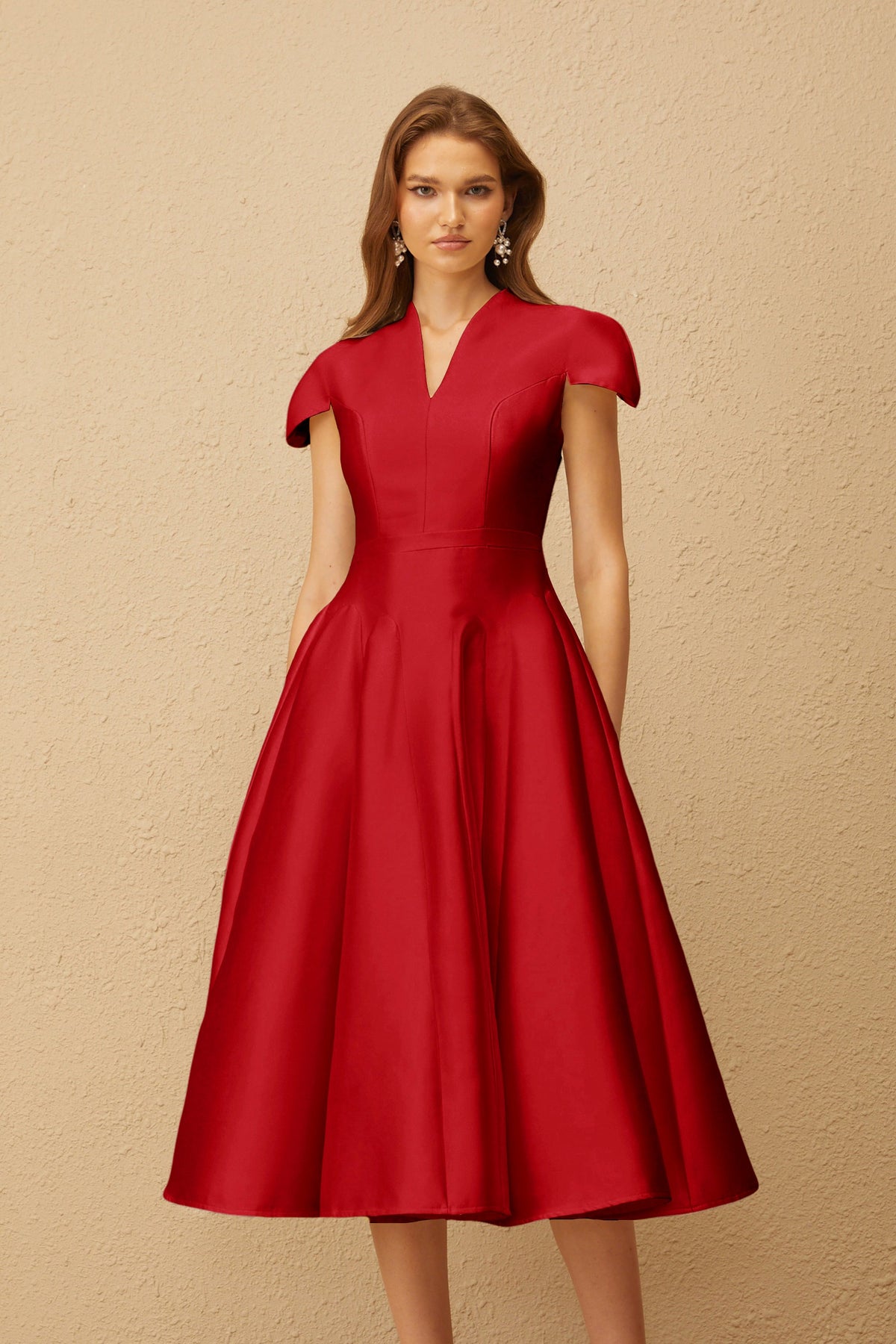 Aventin Red Godet Design Midi Dress (Final Sale-US Only)