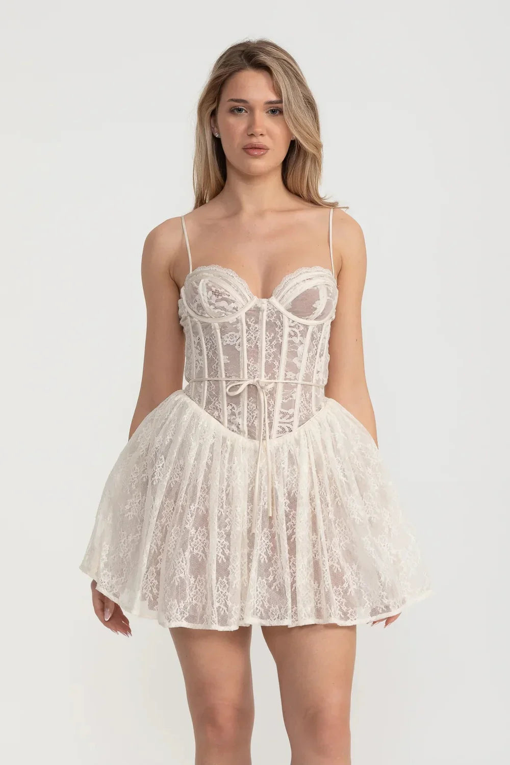 Elegant Lace Strapless Dress With Fitted Bodice And Flared Skirt - White