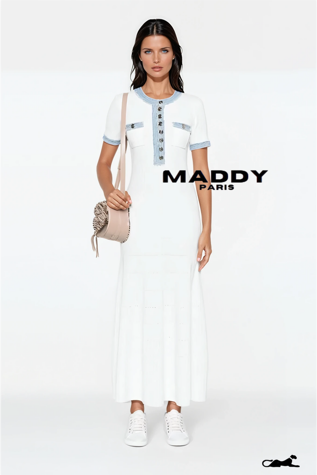 Sandro DENIM-TRIM KNITTED MAXI DRESS - WHITE