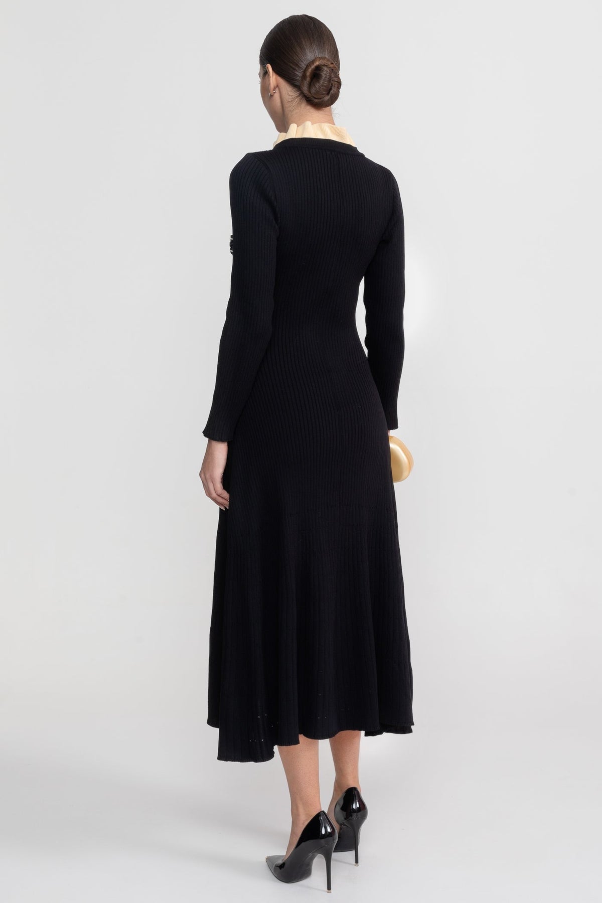Long Sleeve Midi Dress With Button-Through Front And Contrast Pocket Trim - Black