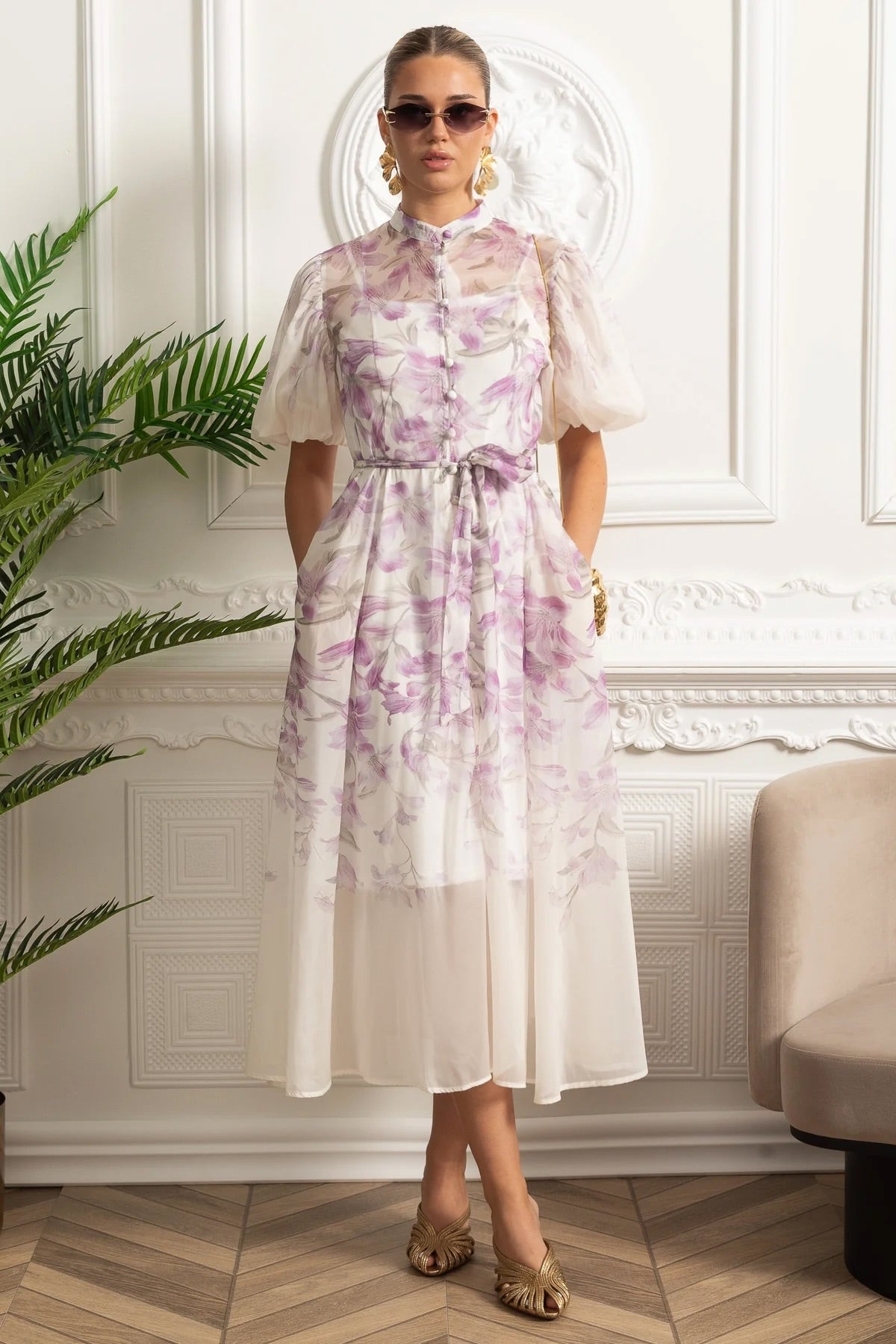 Sheer Silk Midi Shirt Dress with Botanical Motif and Tie Belt - White/Purple