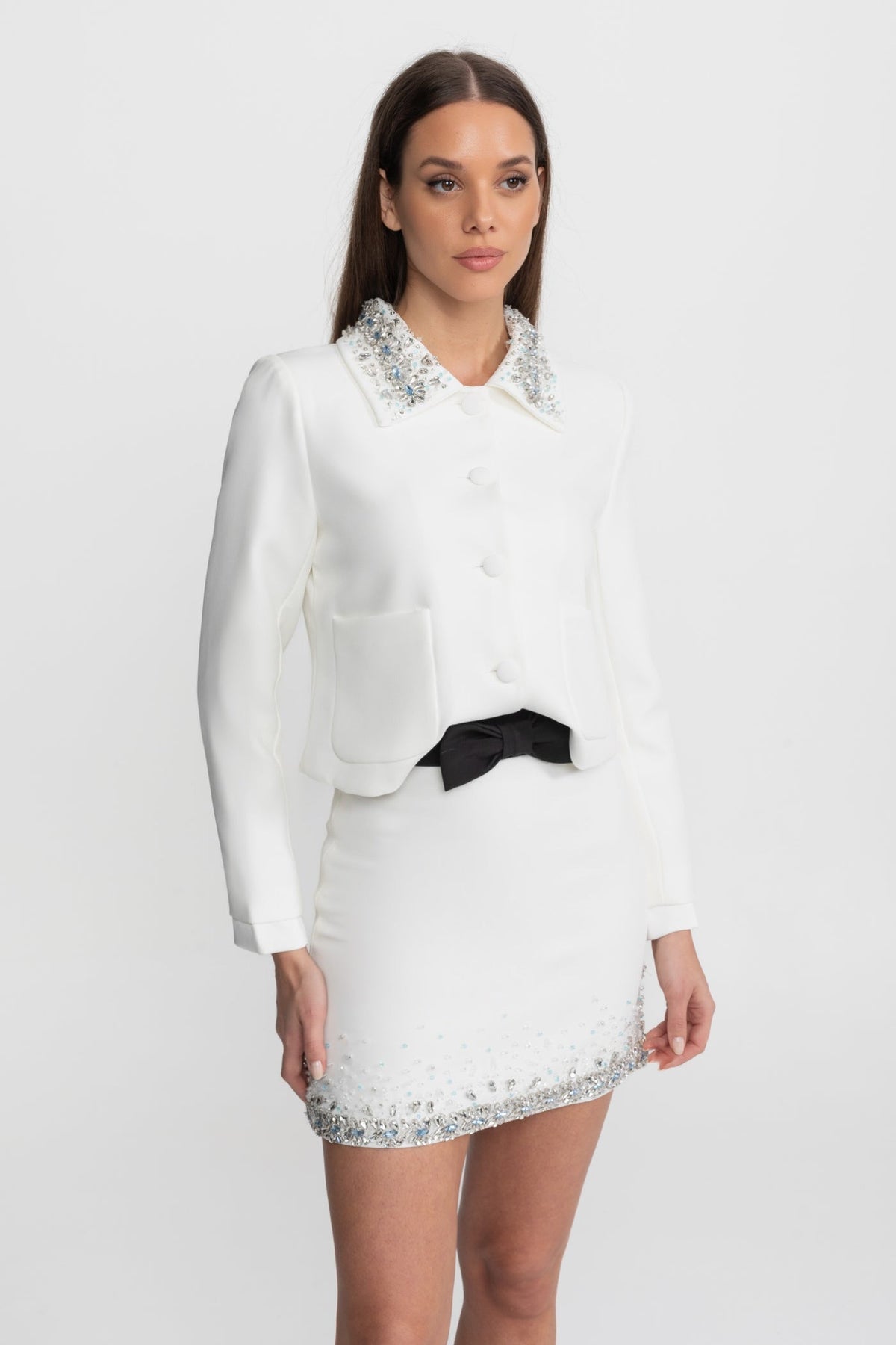 Embellished Cropped Jacket with Crystal Collar – White