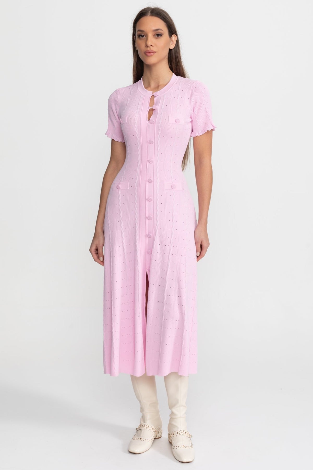 Knit Button-Front Midi Dress with Scalloped Sleeves – Pink