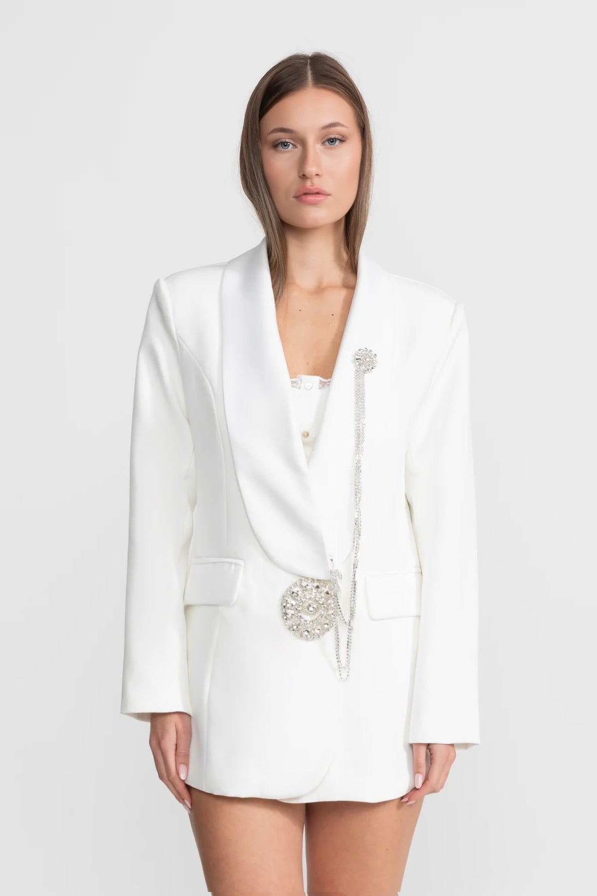 Crystal Brooch Blazer With Shawl Lapels – White