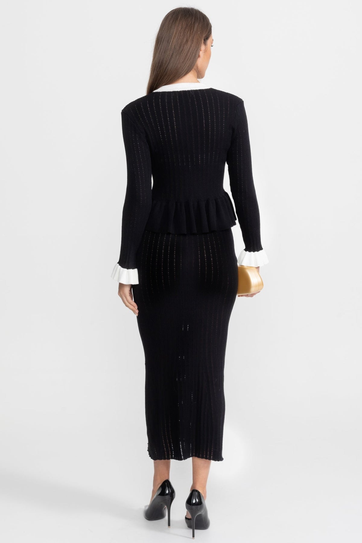 Pointelle Knit Midi Co-Ord with Contrast Trim – Black