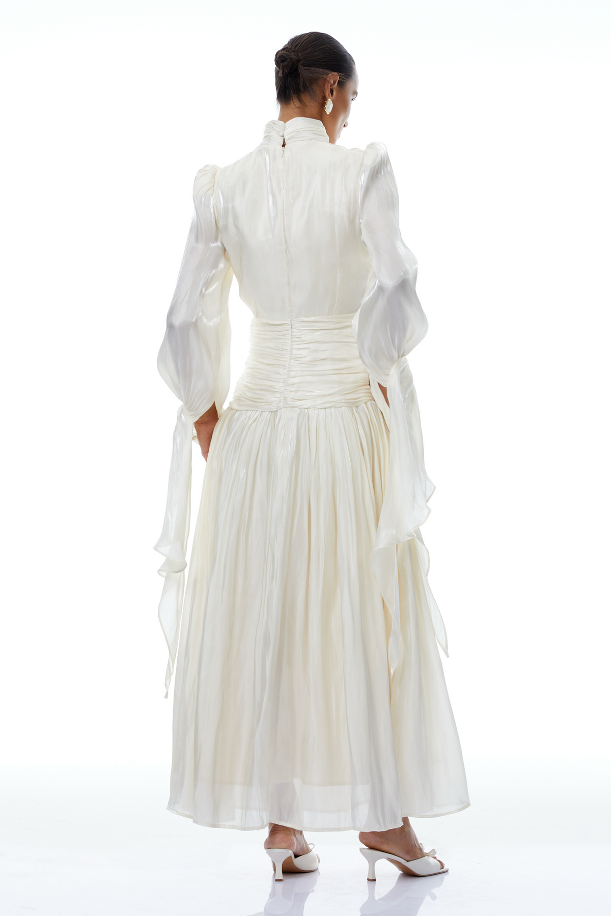 Sarolta Neutral Glossy Ruched Maxi Dress (Final Sale-US Only)