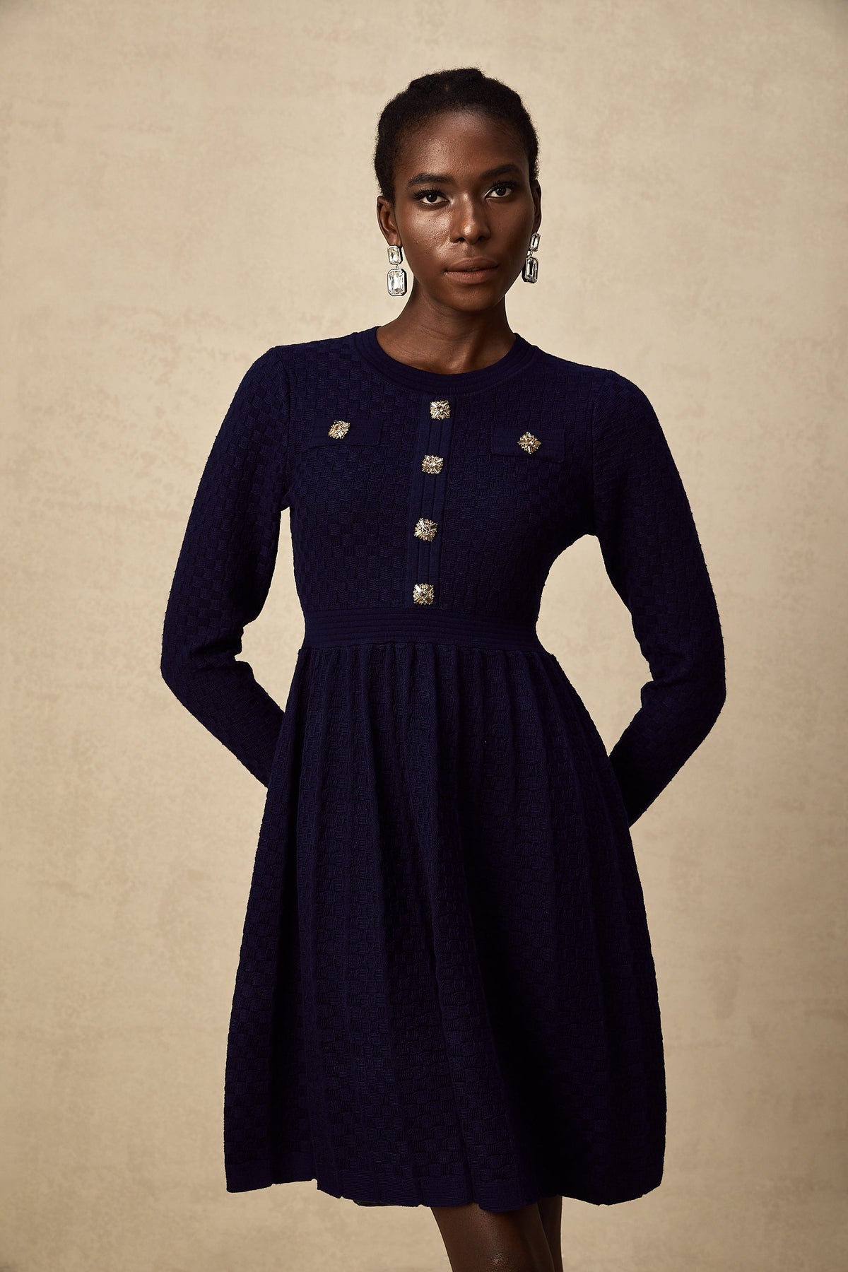 Rhéane navy basket-weave mini dress