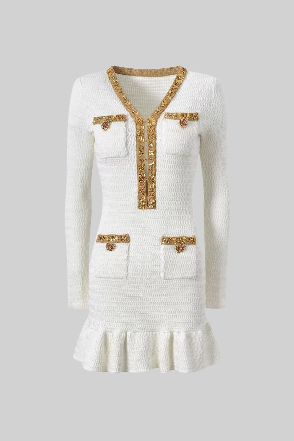 Textured Mini Dress With Long Sleeves And Gold Detailing - White