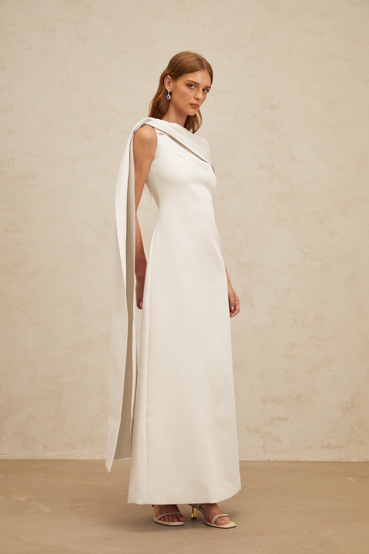 Annabelle White Cape-Design Ribbon Maxi Dress