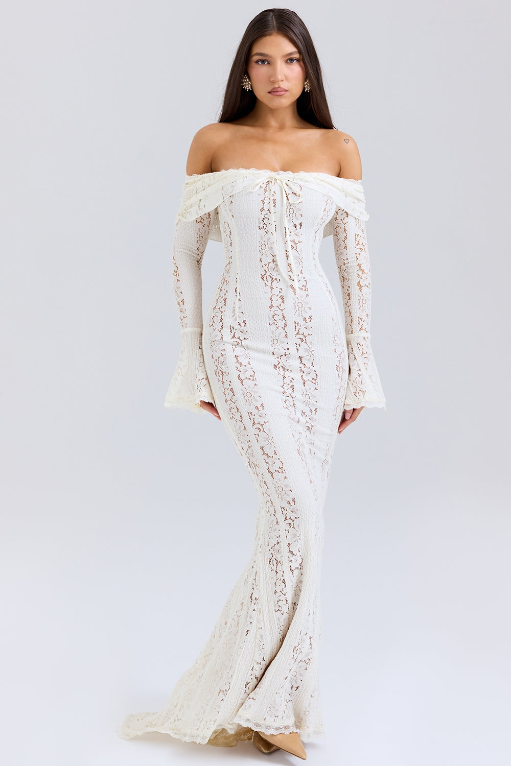 Belle Vintage Floral Lace Off Shoulder Maxi Dress - Cream white