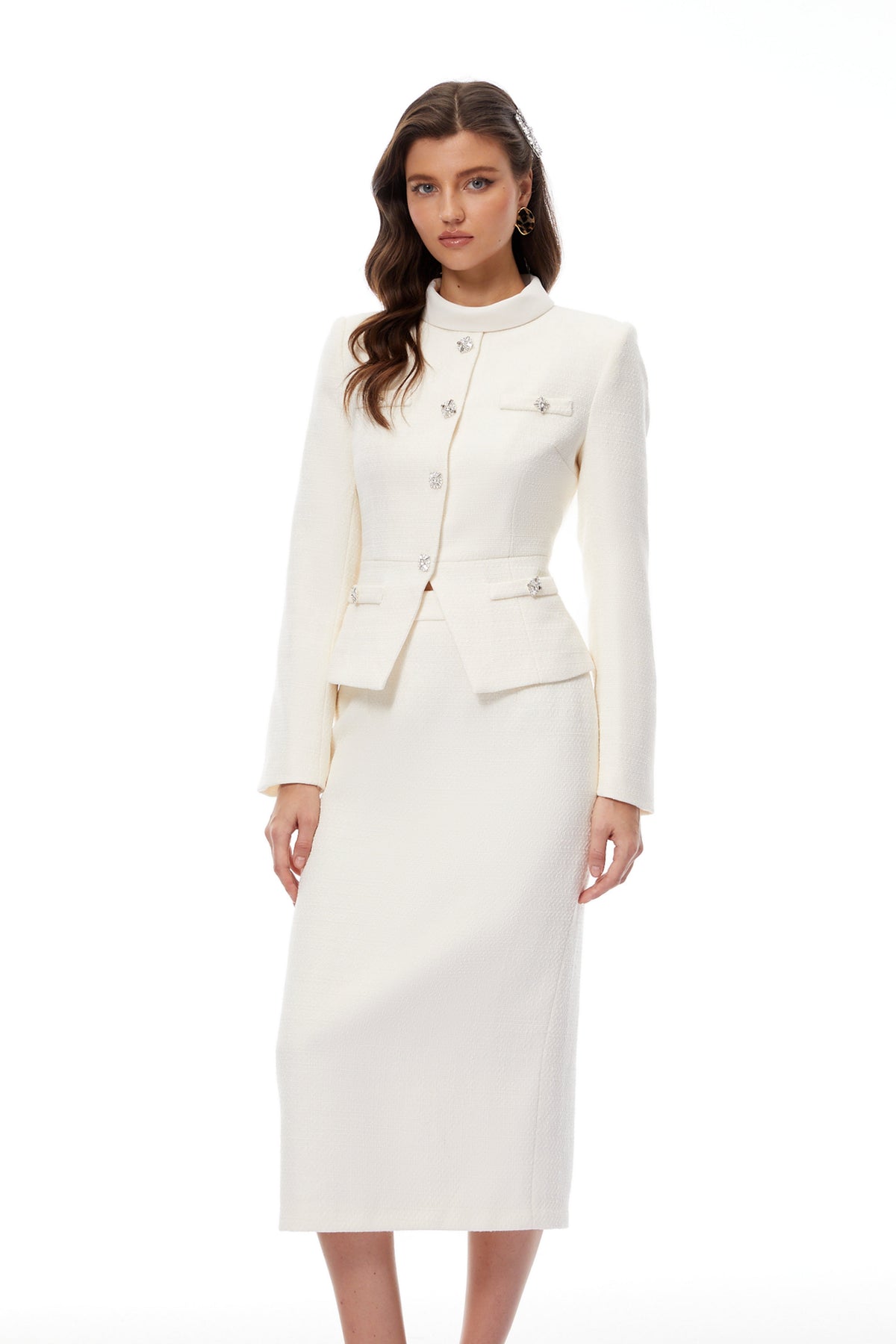Regina White Crystal Embellished Tweed Jacket & Skirt Set (Final Sale-US Only)