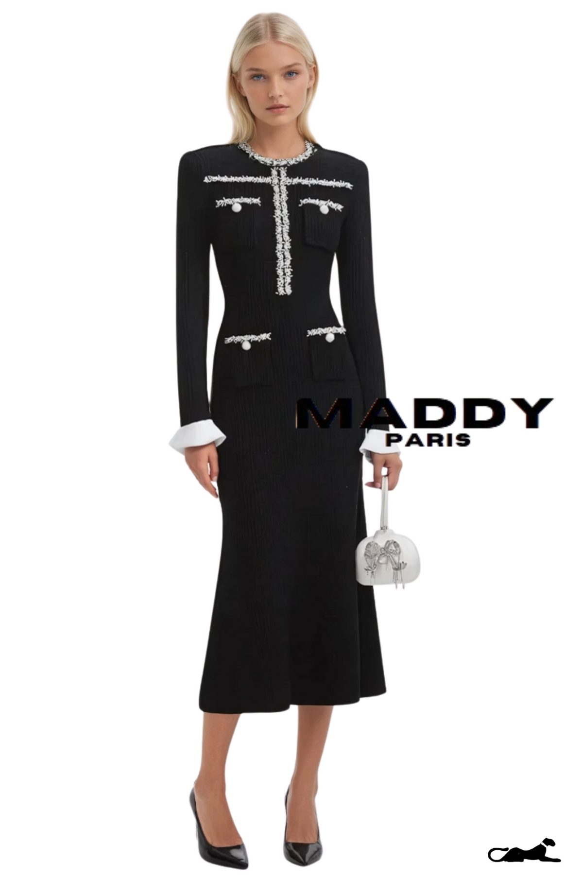 GISELLE EMBELLISHED TWEED MAXI DRESS - BLACK & WHITE