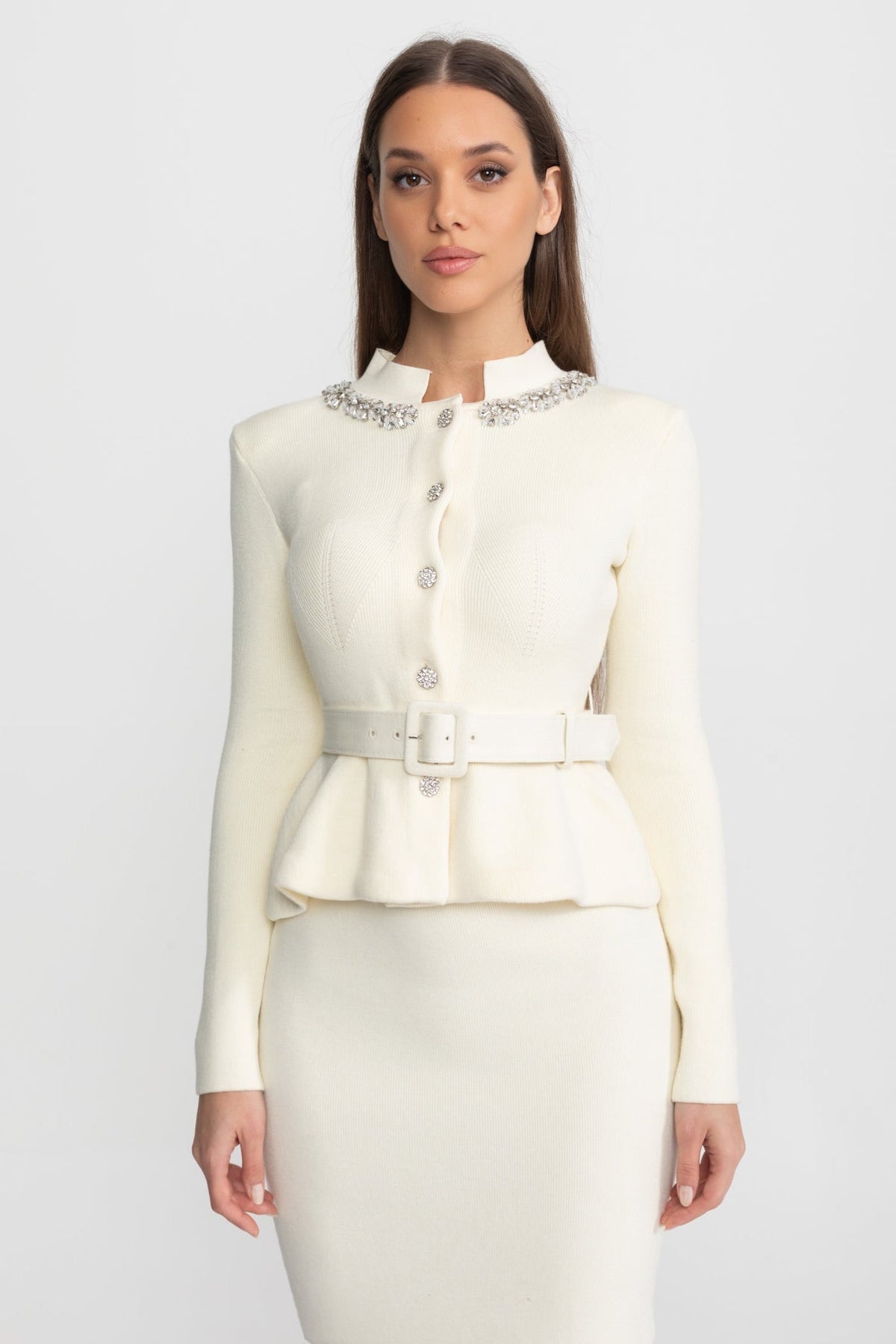 Midi Dress with Peplum Waist and Crystal Collar – Ivoire