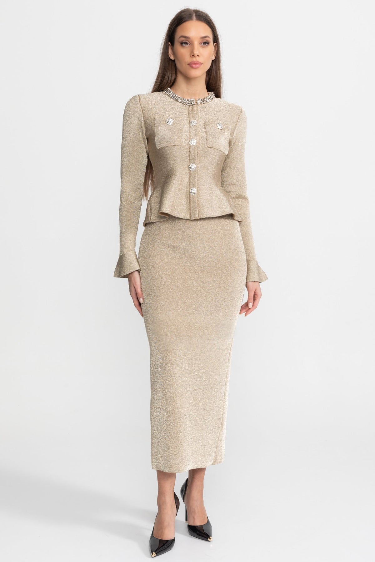 Shimmer Knit Dress with Crystal Button Accents – Champagne