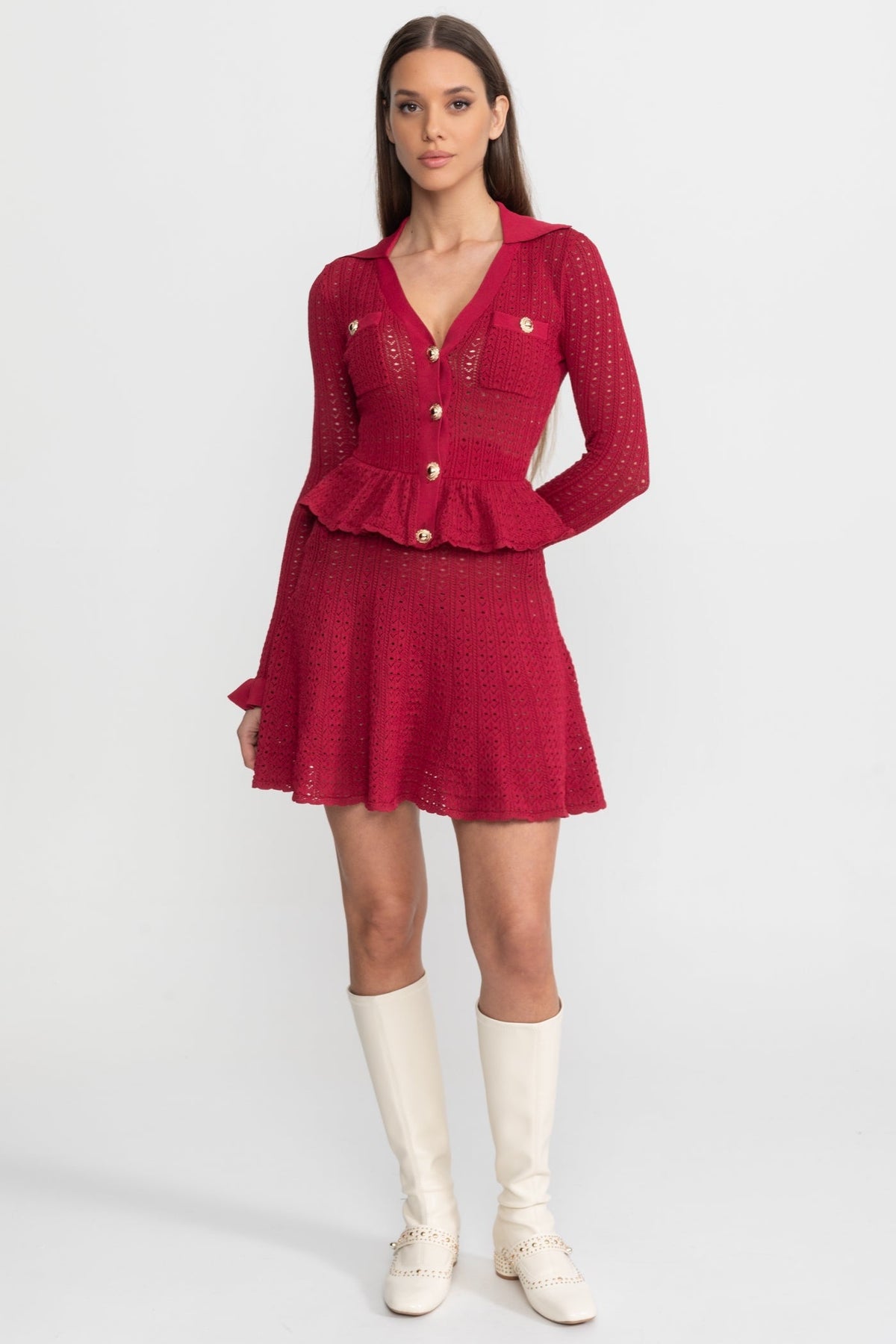Pointelle Knit Mini Dress with Peplum Hem – Dark Red