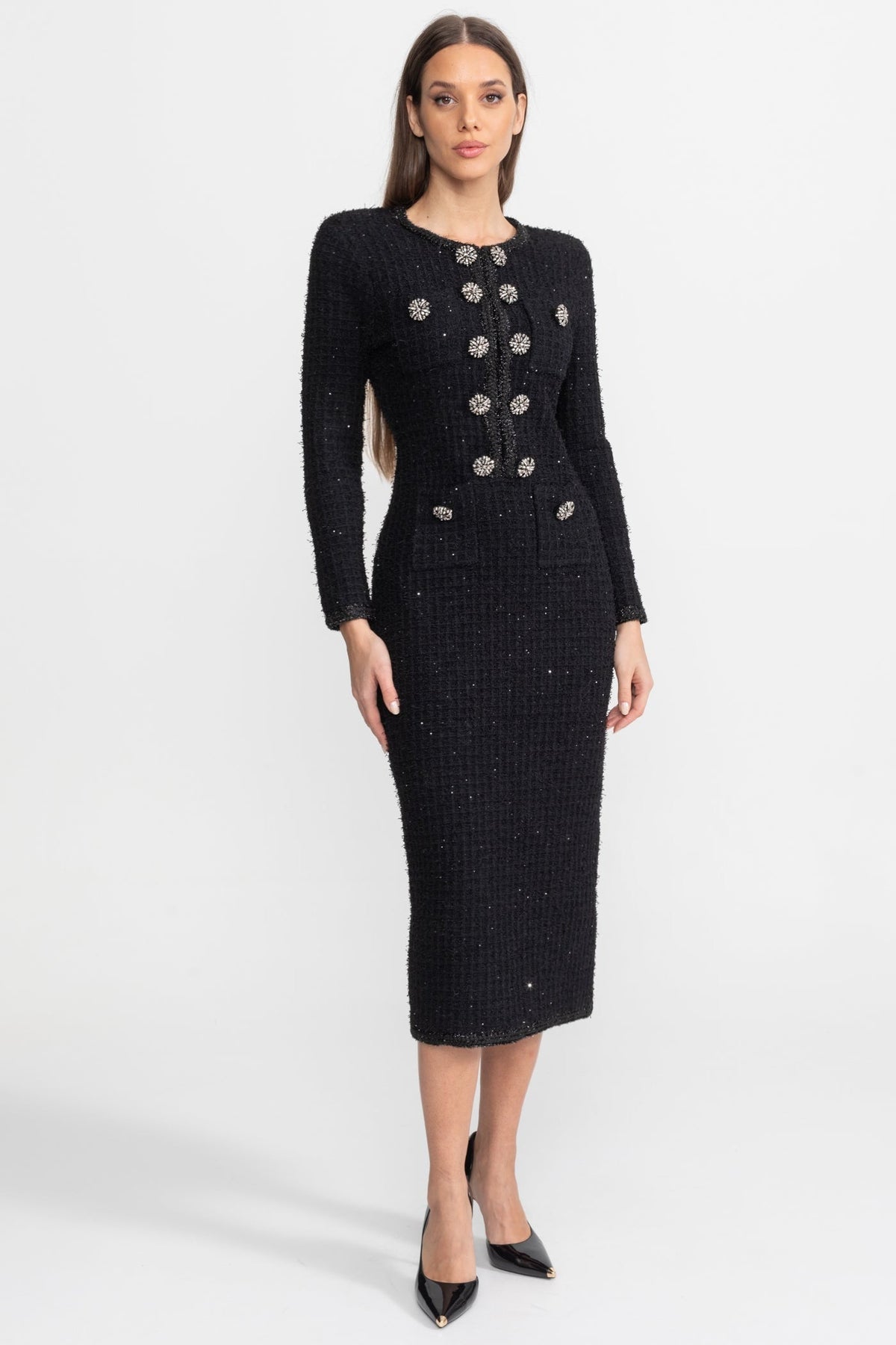 Textured Tweed Midi Dress with Crystal Button Detail – Black