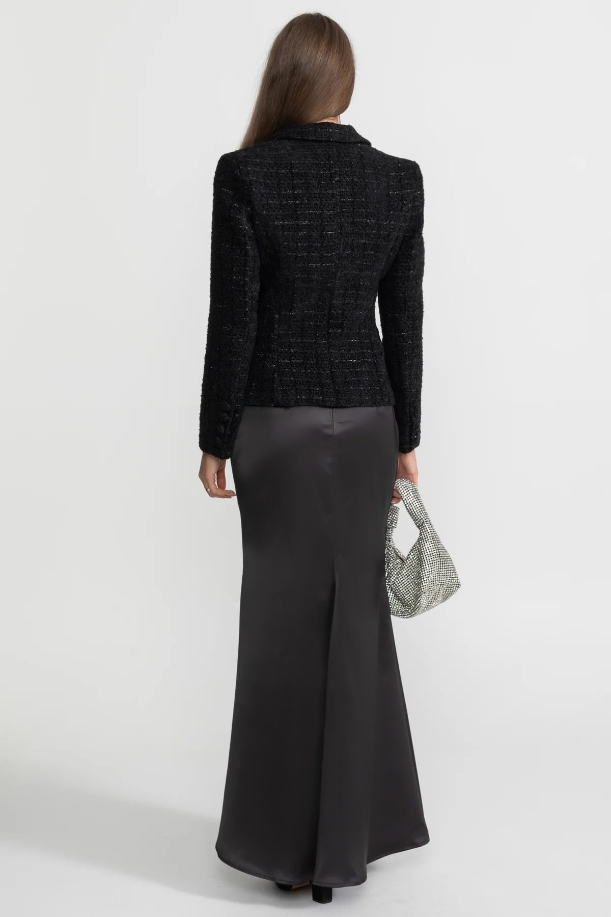 Tweed Blazer and Satin Maxi Skirt Co-Ord Set – Black