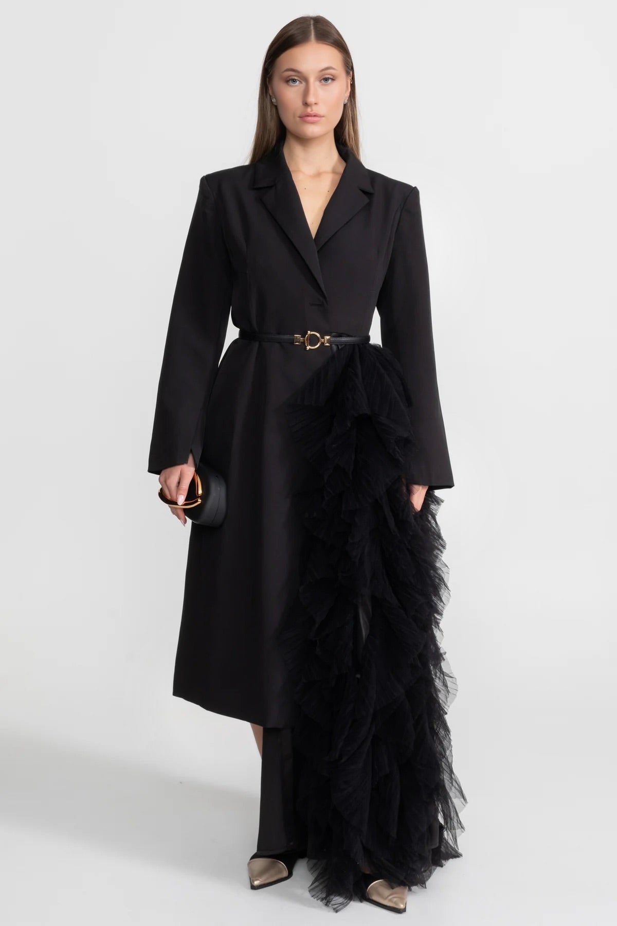 Tulle Cascade Blazer Dress With Notched Lapels – Black