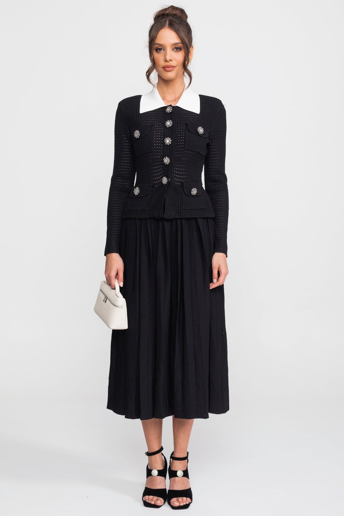Open-Knit Dress with Pleated Midi Skirt - Black