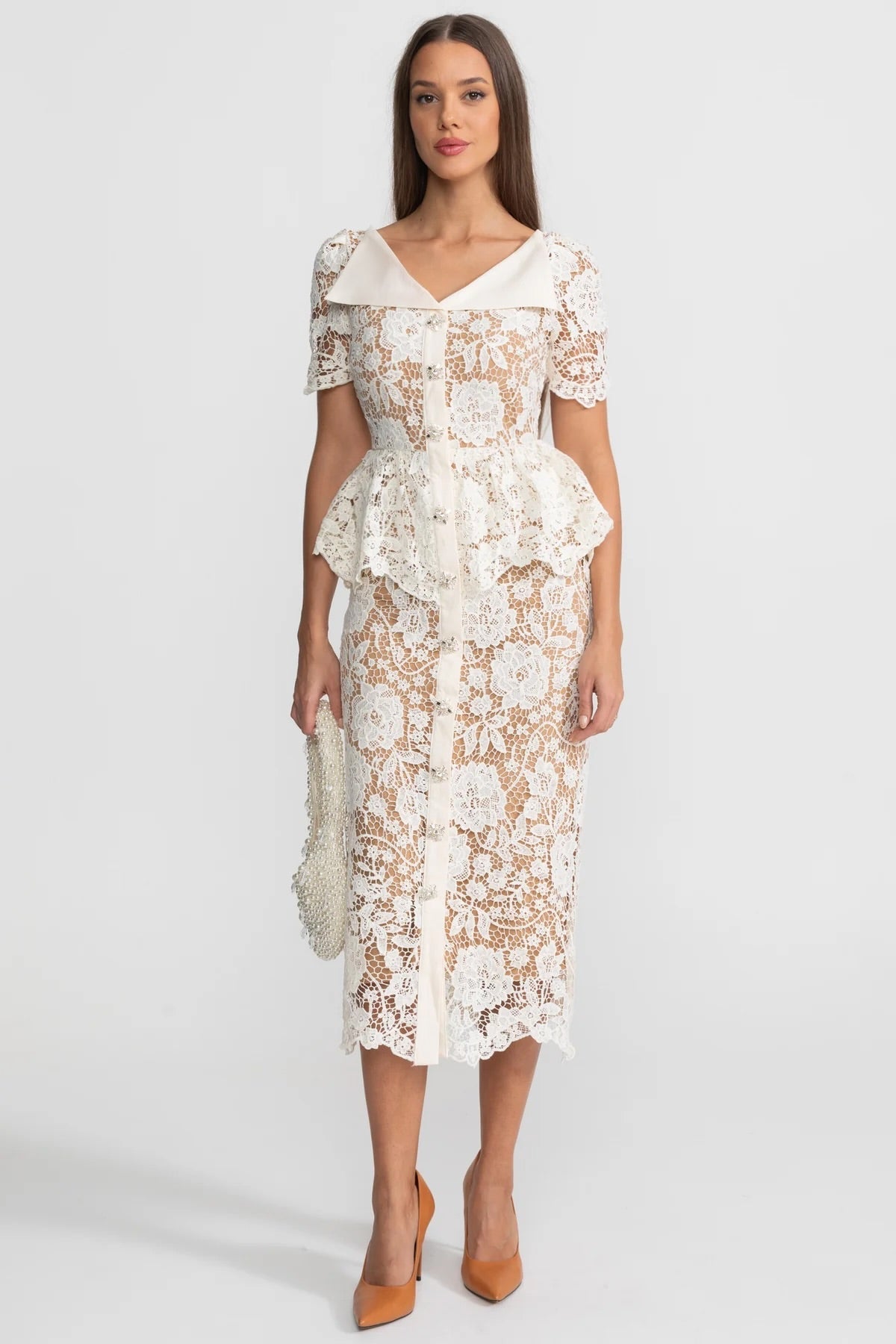 Lace Midi Dress with Peplum Waist and Satin Collar - White