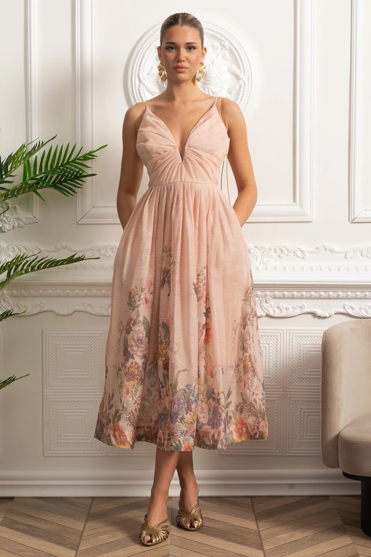 Ruched Bodice Strappy Midi Dress with Smocked Back and Gathered Skirt- Blush
