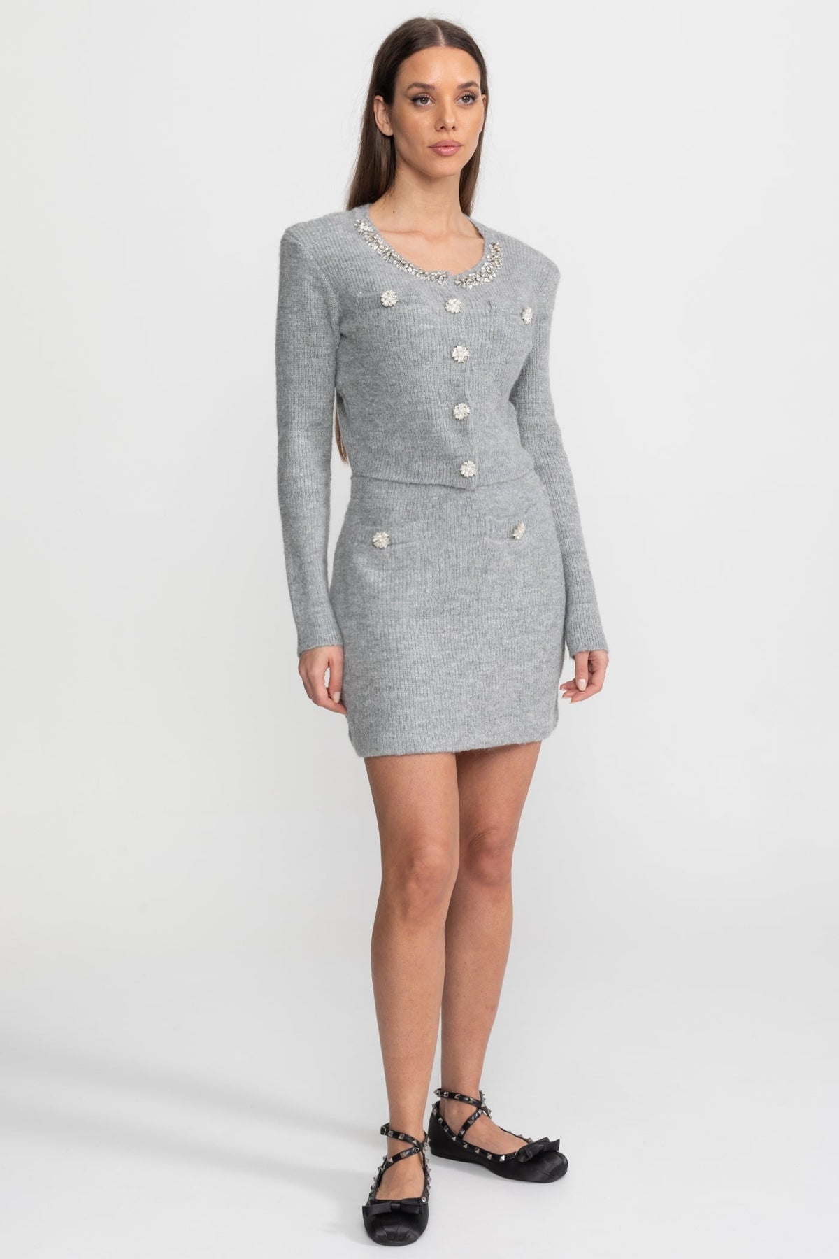 Embellished Knit Co-Ord Set with Crystal Buttons – Grey