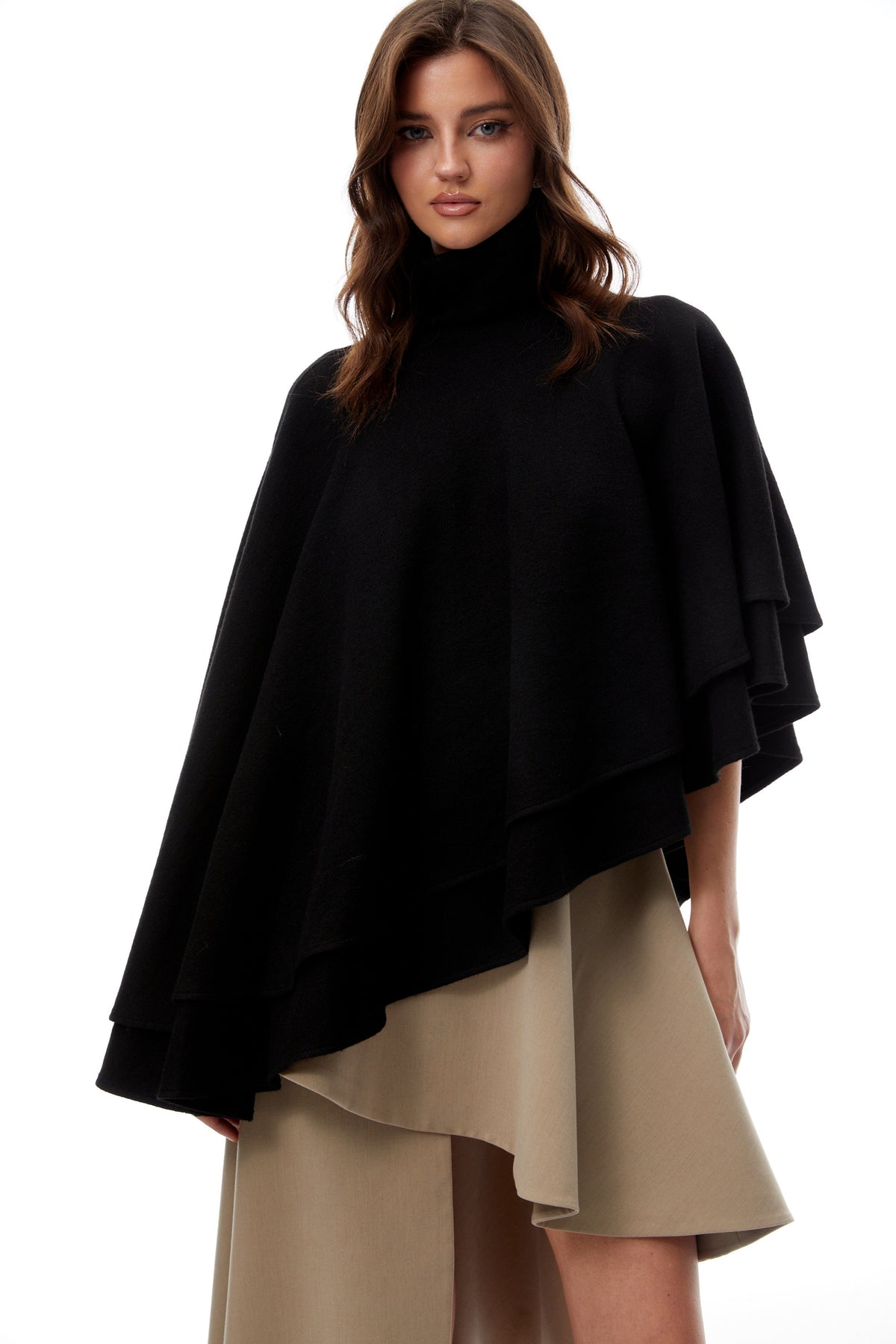 Filomena Black Layered Asymmetrical Knit Cape Top (Final Sale)