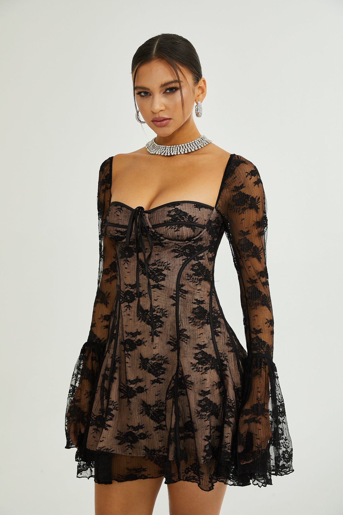 Cyrielle white flared-cuff long-sleeved dress
