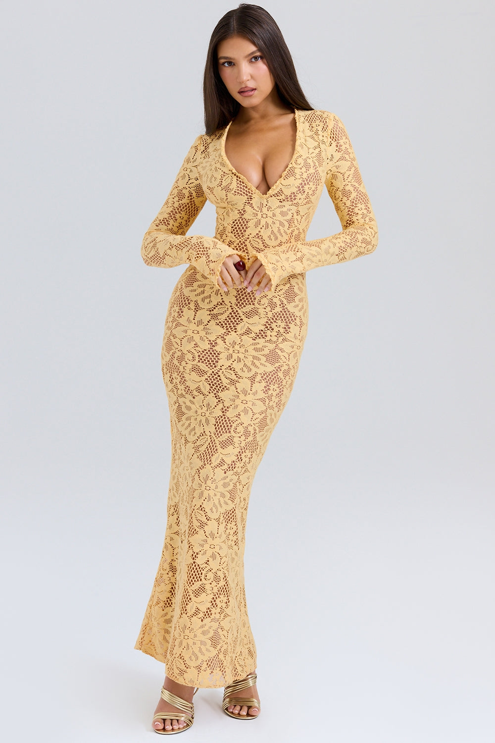 Indiana Apricot Plunge Lace Maxi Dress - Butter yellow