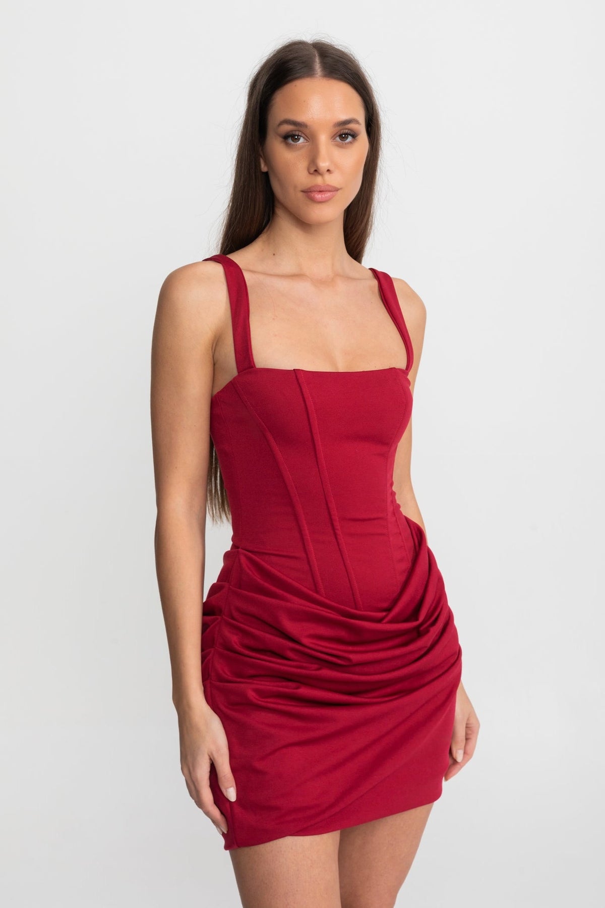 Corset Mini Dress with Ruched Skirt Detail – Red