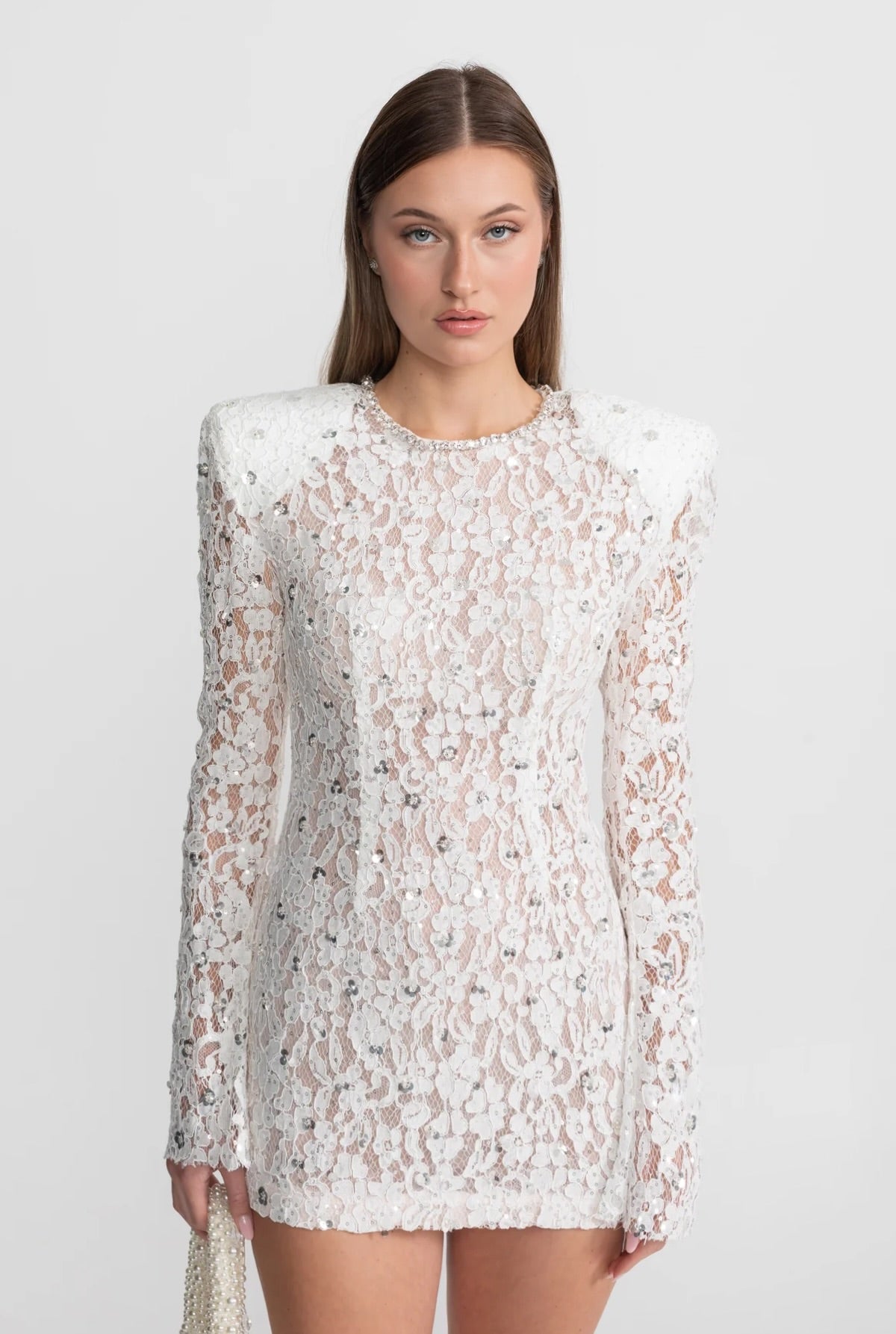 Sequin Lace Mini Dress With Structured Shoulders – White