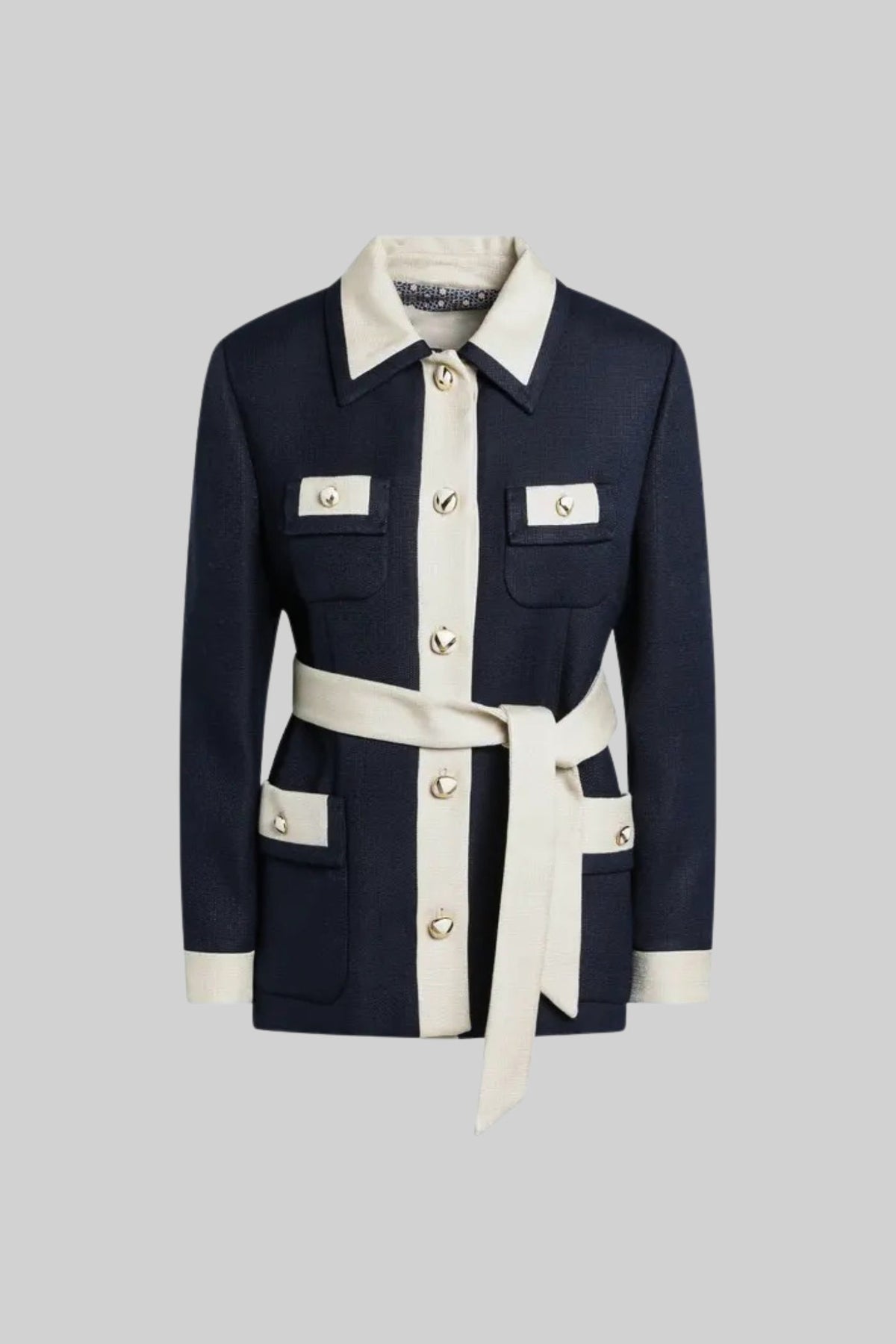 Two-Tone Tweed Jacket With Contrast Trim and Waist Belt – Navy