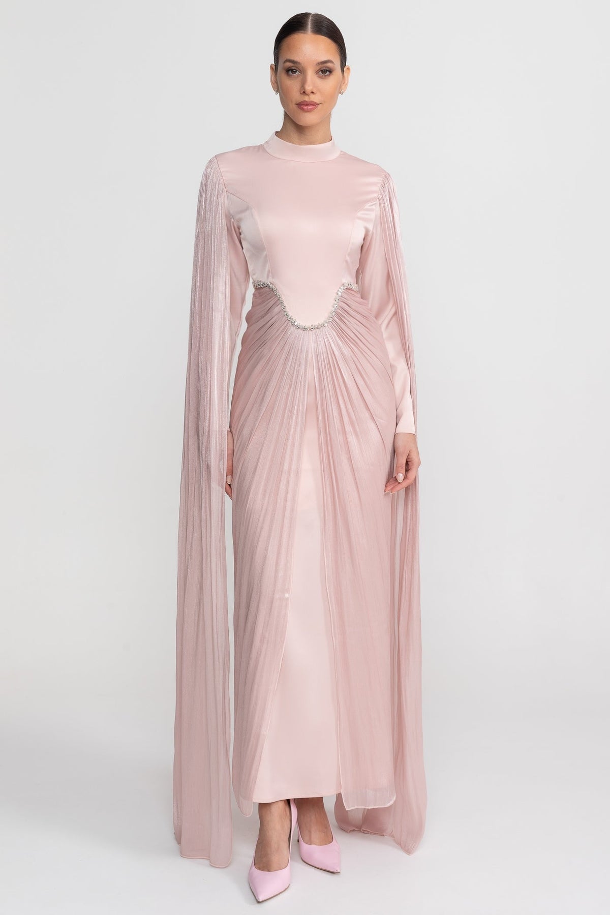 Long Sleeve Maxi Dress With Draped Overlay And Crystal Waist Trim - Blush Pink