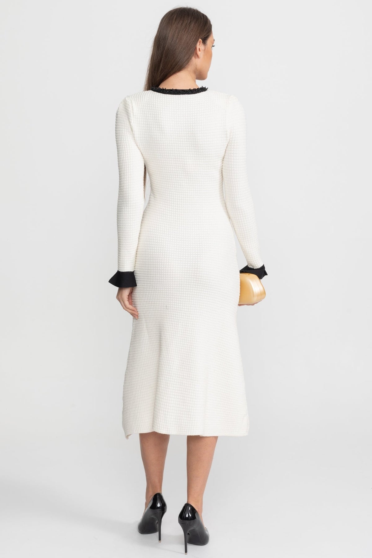 Textured Midi Dress with Contrast Embroidered Trim – Ivoire