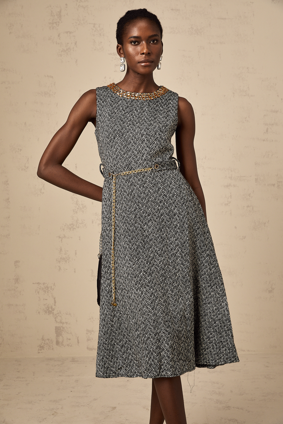 Valentine grey crystal sleeveless tweed midi dress (Final Sale)