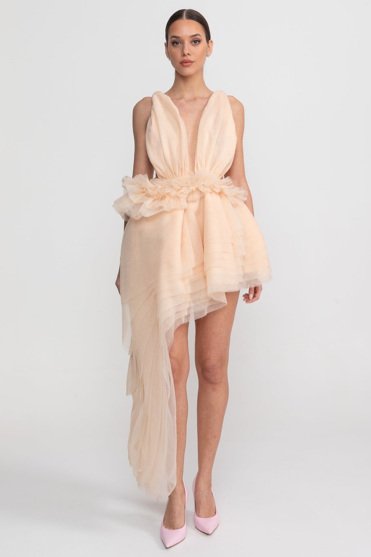Plunging Sleeveless Mini Dress With Asymmetric Tulle Train - Champagne