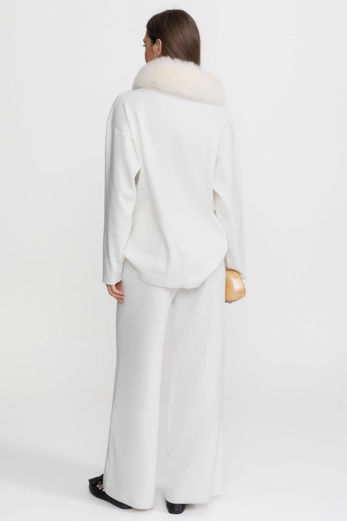 Knit Lounge Co-Ord Set with Fox Fur Collar – White