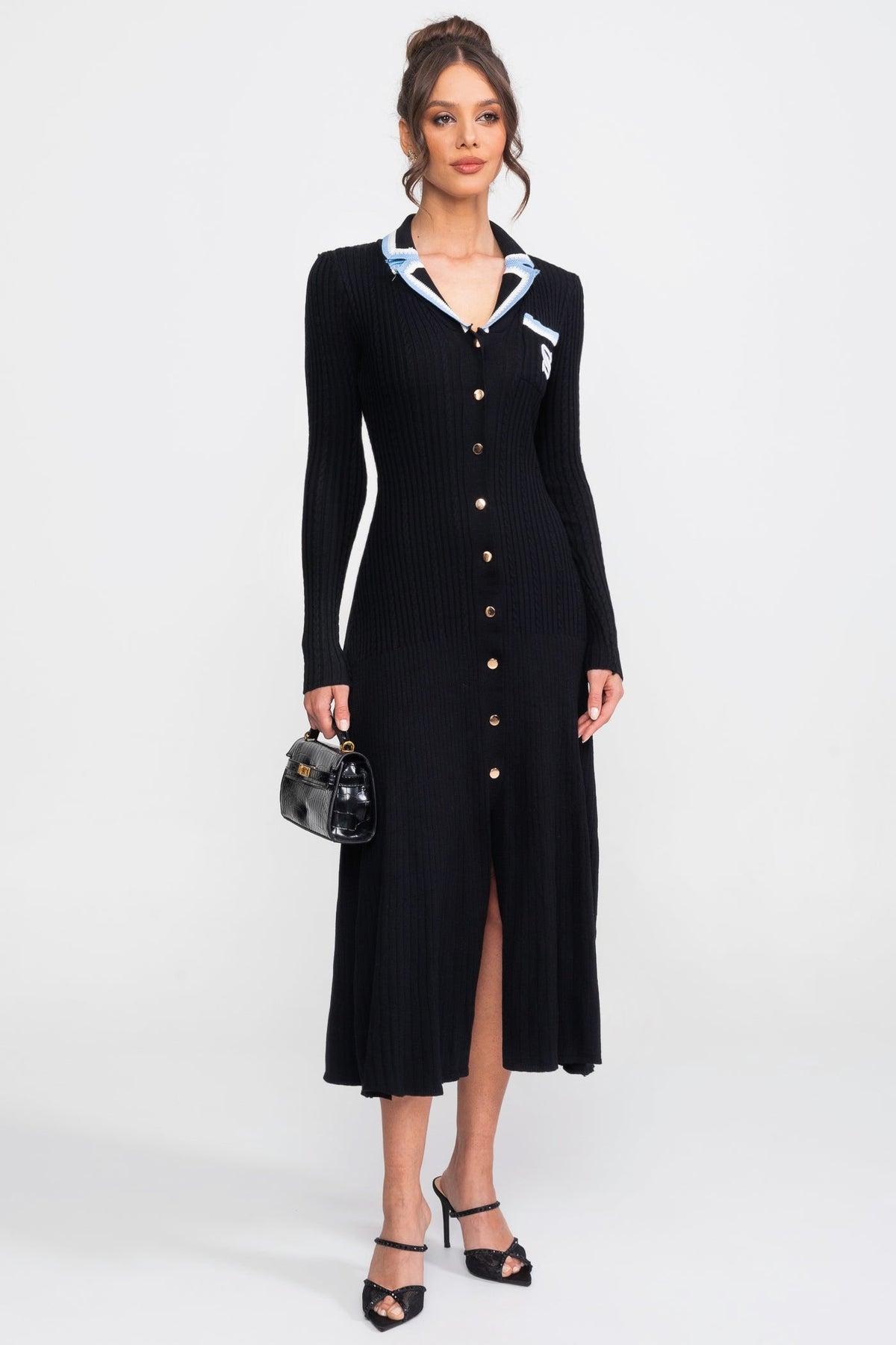 Long Sleeve Knit Midi Dress With Polo Collar And Monogram Patch - Black